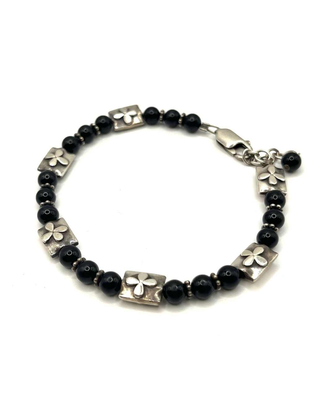 Black Beaded Bracelet with Silver Flower Accents Sterling Silver 925